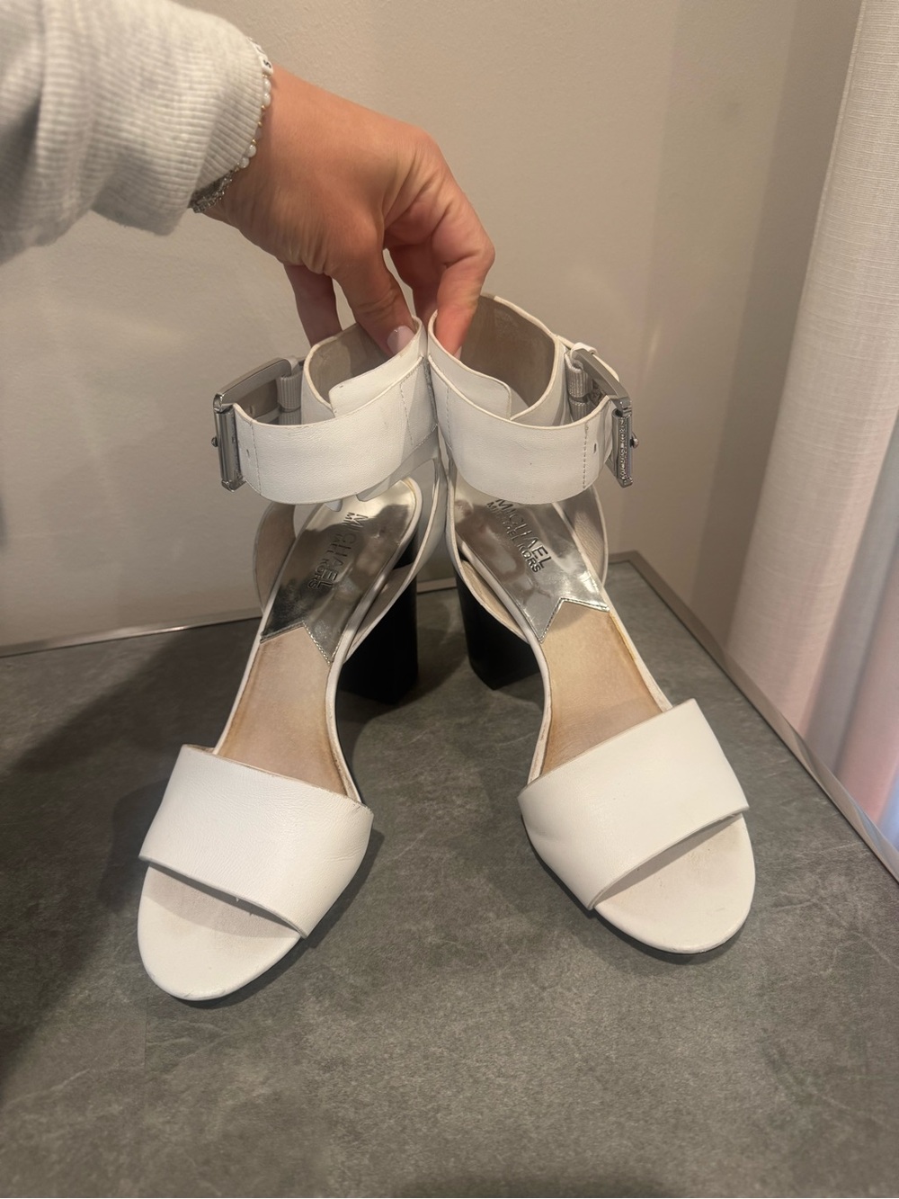 MICHAEL Michael Kors White Ankle Strap Block Heel Sandals
